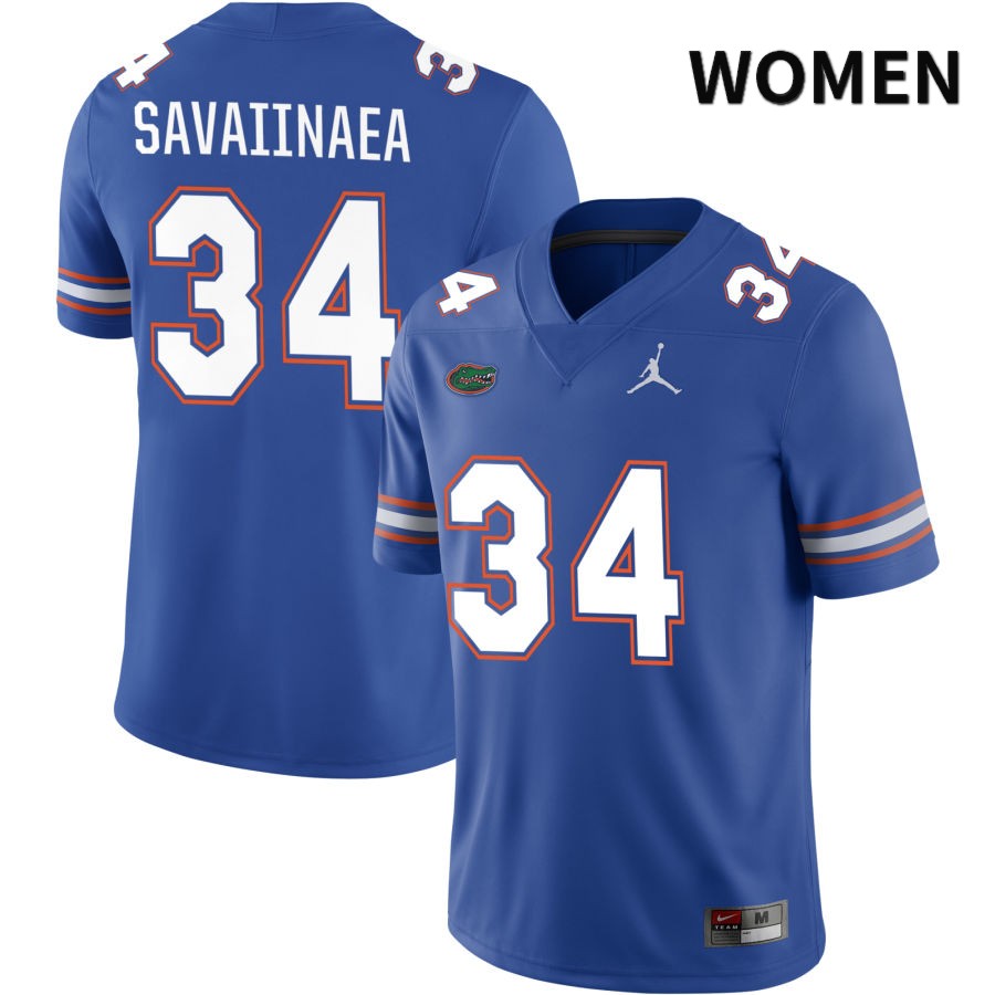 NCAA Florida Gators Andrew Savaiinaea Women's #34 Jordan Brand Royal 2022 NIL Stitched Authentic College Football Jersey JNP1564TU